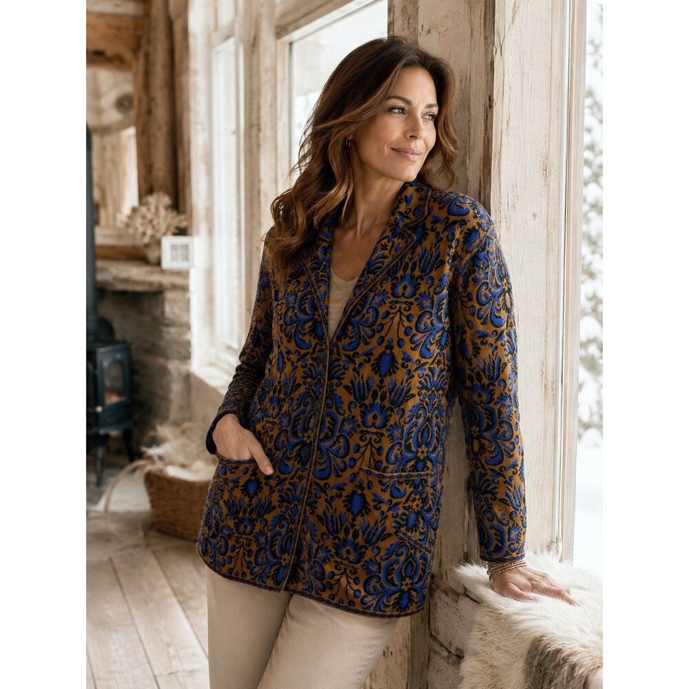 Peruvian Connection Pima Cotton Jacquard Cardigan Blue Gold 3 Button Pockets M